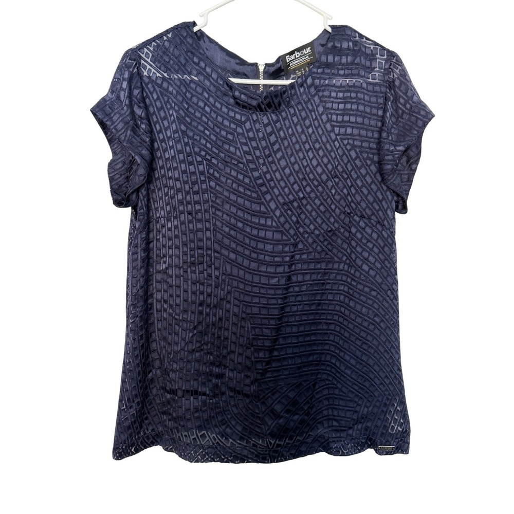 Barbour International‎ Navy Blue Silk Blend Sheer Geometric Textured Tunic Top 6